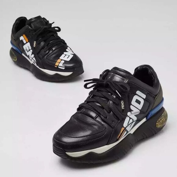 Fendi x FILA Black Leather Chunky Sole Lace-Up Sneakers Size 4.5/35 - Picture 1 of 5
